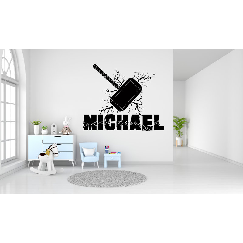 Décalcomanie murale nom marteau et éclairs, décoration murale coup de tonnerre, décalque de coup de foudre marteau, décoration murale super héros 304LU
