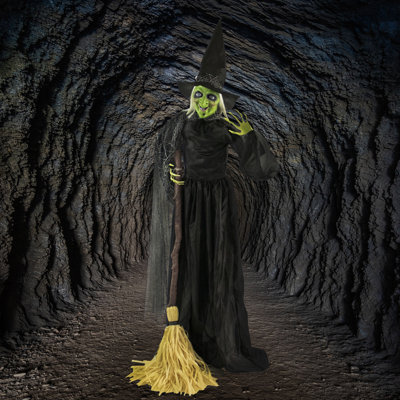 5.9-Ft. Animatronic Witch w/ Broomstick, Indoor or Covered Outdoor Halloween Decoration, Talking, Poseable, Battery-Operated