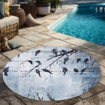 Abstract Birds on Electric Wire - Office Blue Outdoor Rug