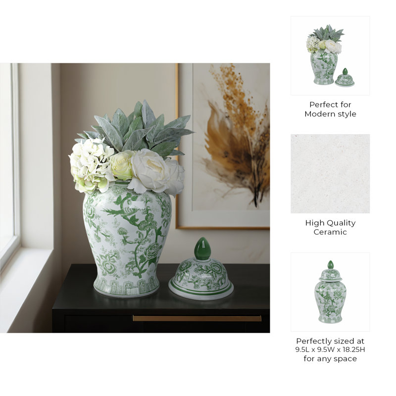 Ceramic Chinoiserie Ginger Jar Decorative Lidded Vessel in Classic Oriental Style, 18" H x 10" W x 10" D
