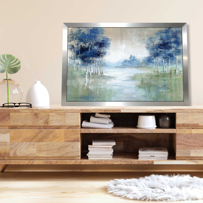 Birch River par Nan - Peinture, L 39,5 po x H 27,5 po, Encadrement argenté