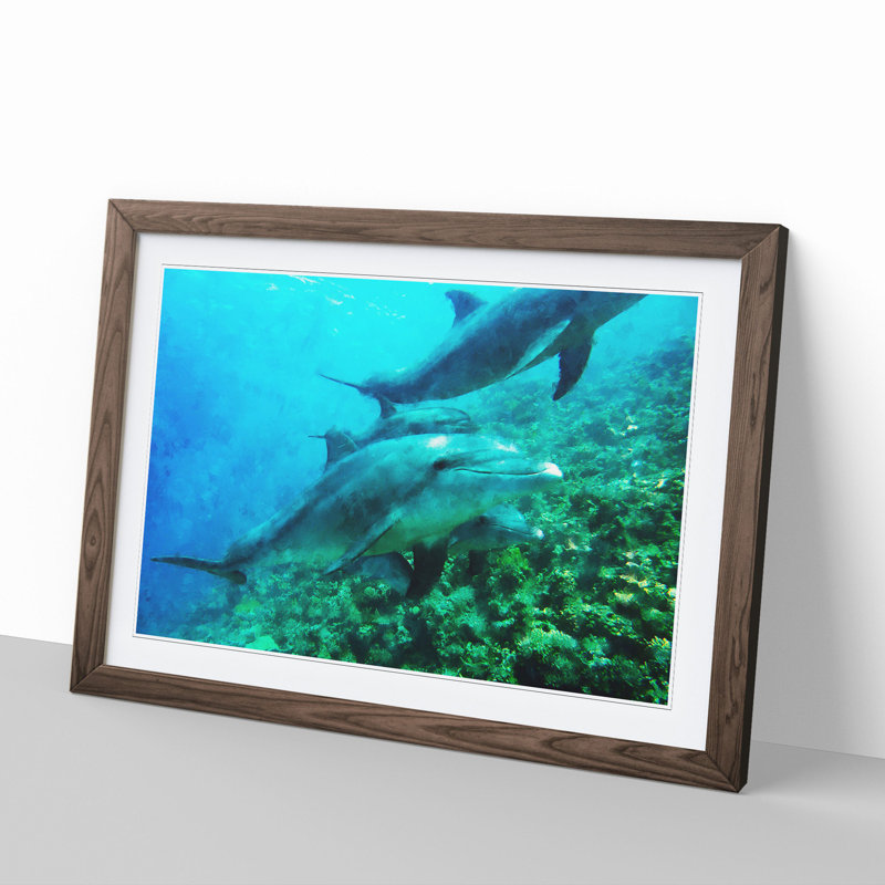 Dolphins - Picture Frame Painting, 36cm H x 48cm W x 2cm D, Walnut Framed