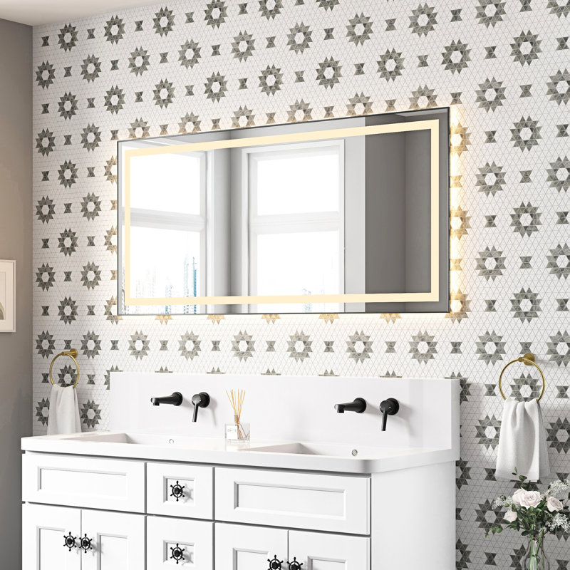 Miroir de salle de bain mural avec cadre en aluminium, façade et rétroéclairage à DEL, 3 températures de couleur, brouillard, gradation continue, miroir de salle de bain à mémoire de forme avec dimensions de 60 po x 28 po, cadre, choix, brouillard et gradation - frêne