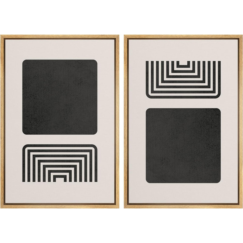 Geometric Line Mid Century Spiral & Solid Square Block Polygons Abstract Modern Minimalist On Canvas 2 Pieces Print