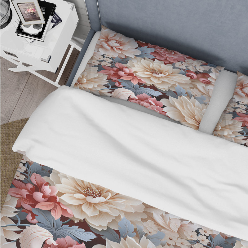 Ensemble de housse de couette romantique blanc et rose Floral Symphony I, Housse de couette pour grand lit et 2 taies décor