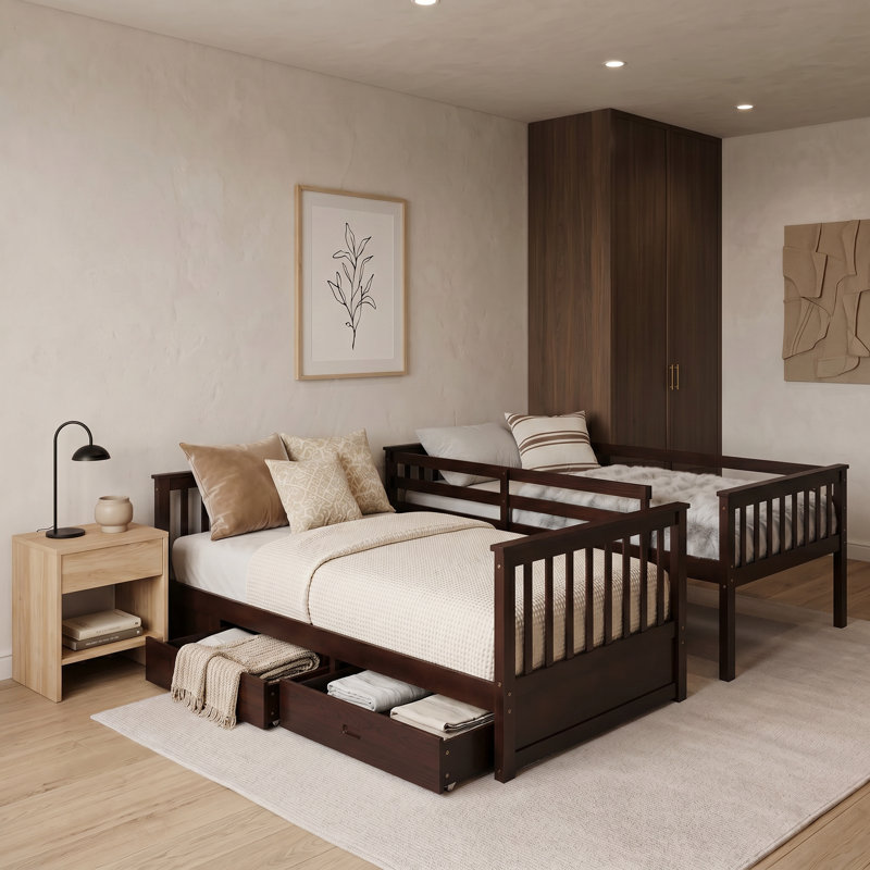 Twin-Over-Twin Bunk Bed With Ladders And Two Storage Drawers, Separable Solid Pine Wood Bed, Espresso