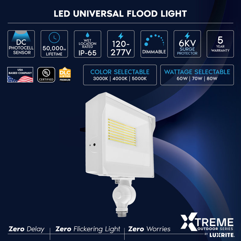 Projecteur universel à DEL LUXRITE, support articulé réglable, IP65, 3CCT 3000K / 4000K / 5000K, 60/70 / 80W, jusqu'à 11680LM, à intensité variable, paquet de 2 capteurs photoélectriques