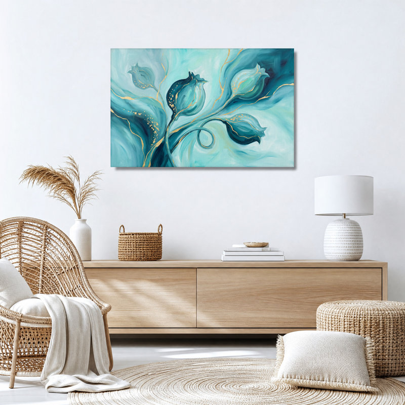 Toile murale abstraite turquoise à motifs floraux veinés d'or, 20"H x 30"W