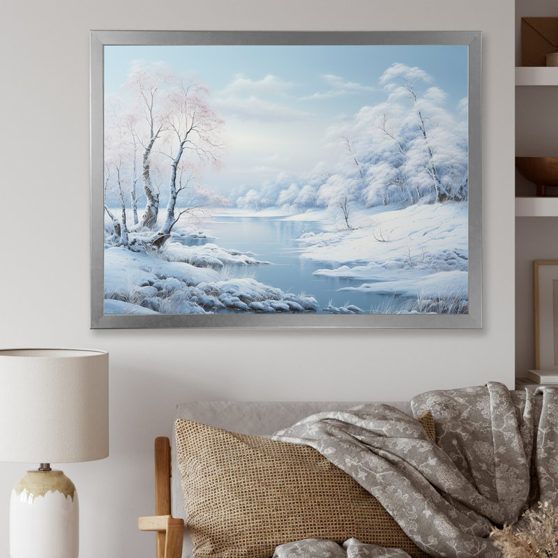 «Snow Winter Charm By The Lake», reproduction sur toile, Cadre simple argenté, H 12 po x l 20 po x P 1 po