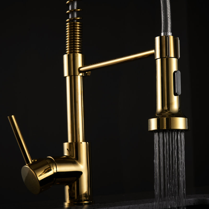 Radiant Gold Commercial Kitchen Faucet With Pull Down , Single Handle Function, 360 Rotatable Neck, Dual Option, Brass Made Attractive Pull-Down Spray, Operation, 360-Degree Turning Spout, Body,