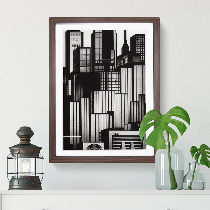Monochrome City Skyline - Wall Art, 64cm H x 46cm W x 2cm D, Walnut Framed