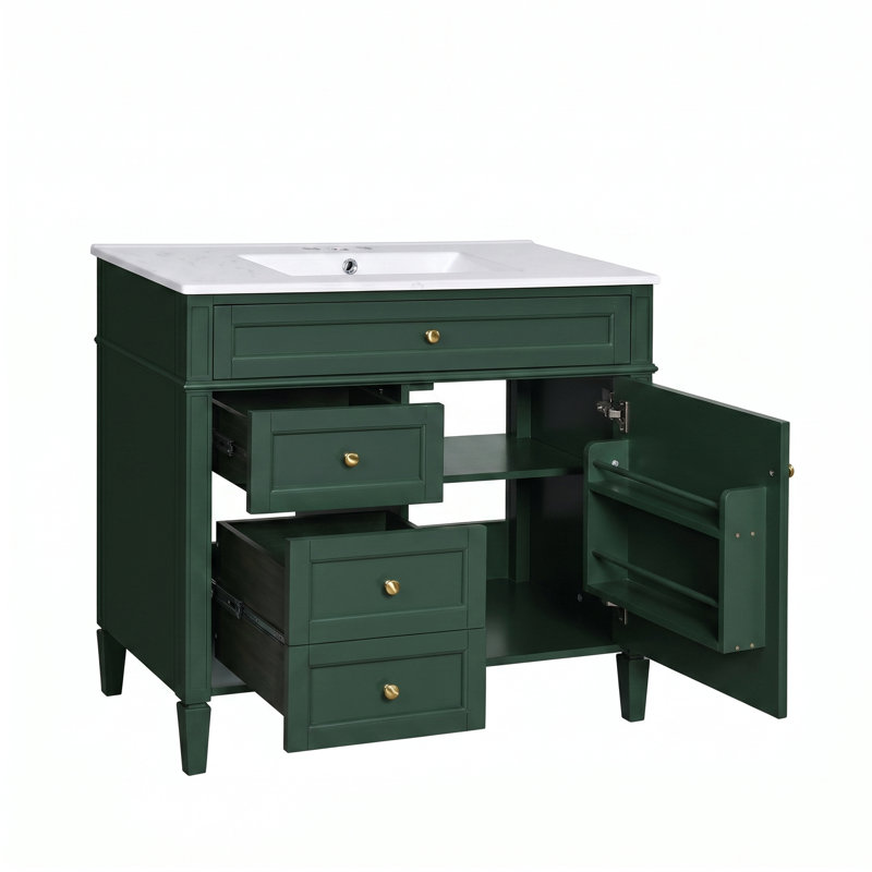 Meuble-lavabo autoportant 36 po en bois aggloméré avec lavabo en céramique blanc, armoire de salle de bain verte avec 2 tiroirs, tablettes de porte réglables et tiroir basculant