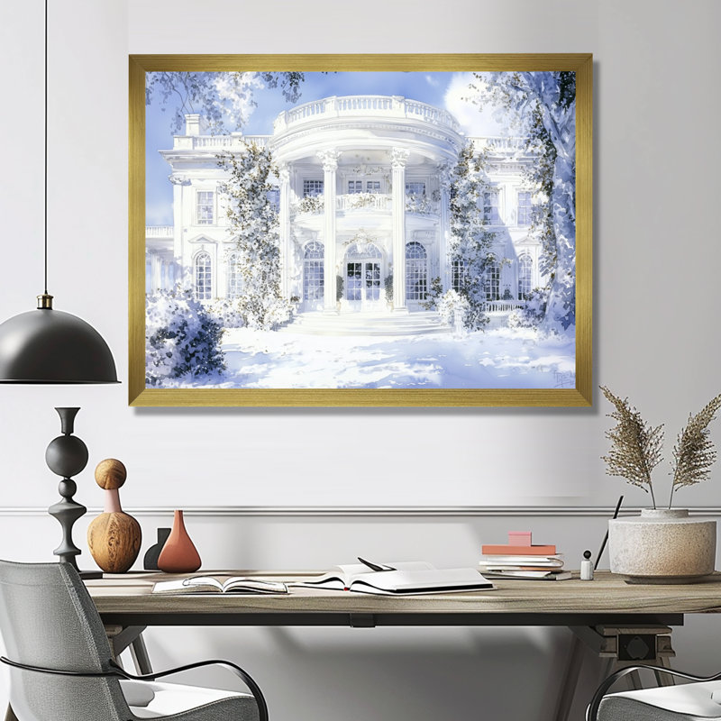 Hiver à la maison blanche à Washington - Décoration murale architecture, H 12 po x l 20 po, Doré