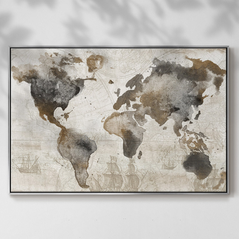Carte antique encadrée sur toile, H 17 po x l 25 po x P 2 po, Argent