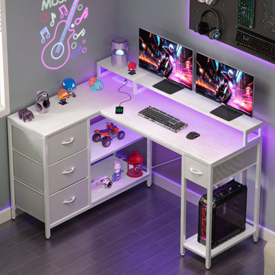 L-Shaped Computer Desk With 4 Drawers, Gaming Desk With Power Outlet And Monitor Stand, Corner Desk