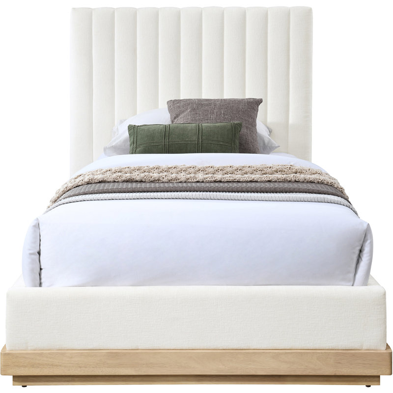 Emmet Chenille Fabric Bed, Twin, Cream Chenille Fabric / Natural Oak
