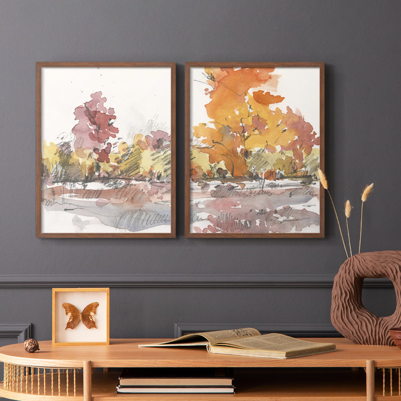 «Watercolor Treeline S croquis I», reproduction encadrée de qualité supérieure - prête à être accrochée - aucun clou requis - aucun clou requis