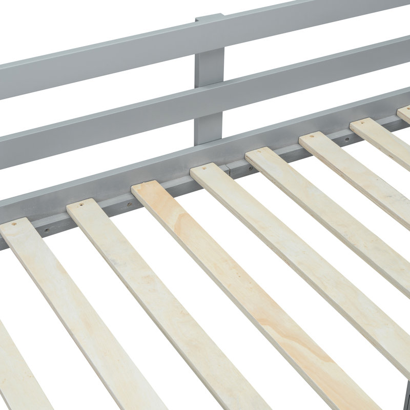 Lit mezzanine double en gris avec une généreuse quantité de bureau d'écriture et de tablettes, bureau pratique, bois massif à DEL et fonctionnel, coffre-fort élégant et fonctionnel