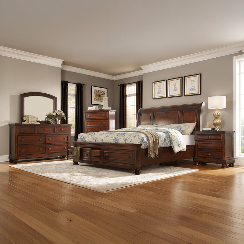 Ensemble de chambre en bois Eedie, Grand lit, Ensemble de 5 pièces : lit, 2 commodes, table de