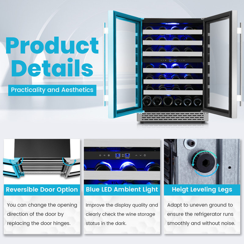 46 Inch Wine Fridge Under Counter -28 Bottles Dual Zone Freestanding Wine Cooler in Stainless Steel Finish with Double Tempered Glass & Reversible Door