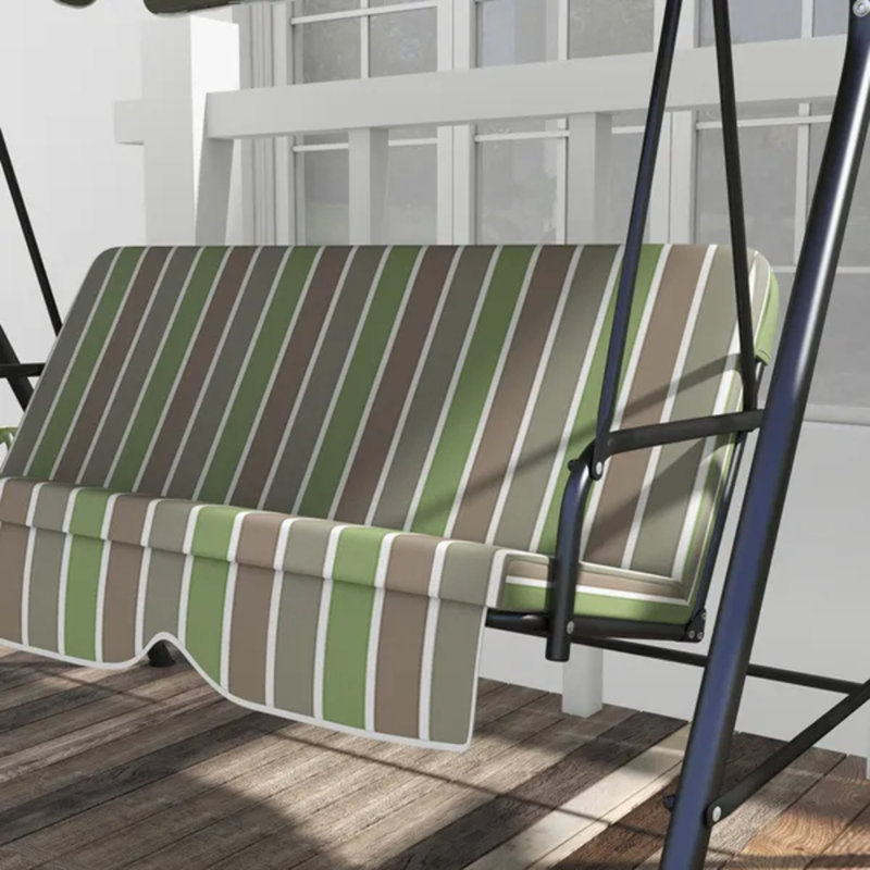 Balancelle de patio beige et verte à 3 places avec coussin, auvent réglable et support en acier