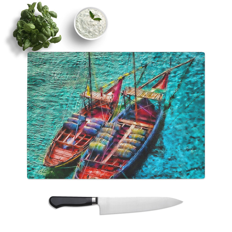 Boats in Portugal Painting Chopping Board, 0.4cm H x 28.5cm W x 39cm L