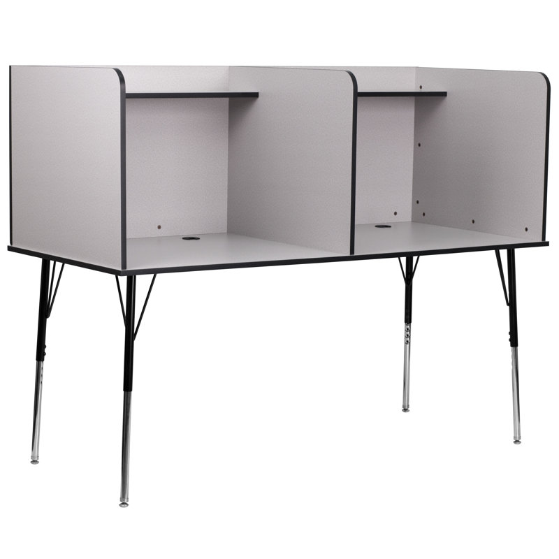 Stand-Alone Double Study Carrel with Top Shelf, Height Adjustable Legs, and Wire Management Grommet, Grey