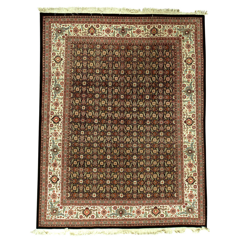 Tapis noir et ivoire de haute qualité noué à la main