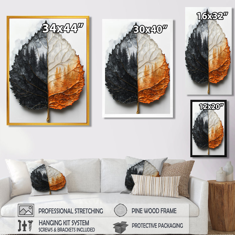 Haryln Modern Dark Leaves Symetry Of Autumn I - Leaves, art mural, H 60 po x l 28 po, Impression encadrée sans passe-partout