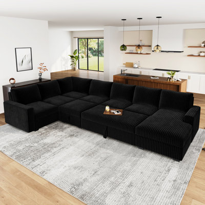 Rundey U-Shaped Oversized Sectional Corduroy Sleeper Sofa With Ottoman