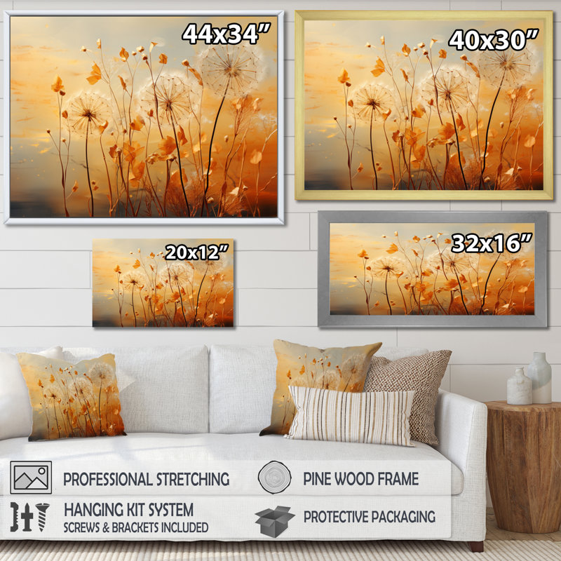 «Orange Dandelion Dreams I», reproduction d'art sur toile encadrée, H 30 po x l 40 po x P 1,5 po, Cadre flottant doré