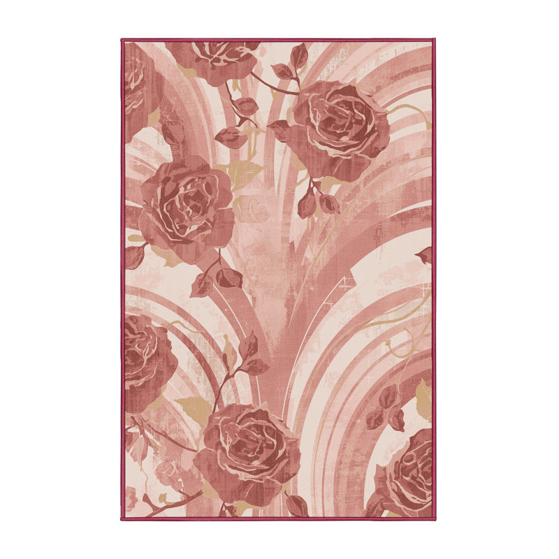 Soft Plush Everitt Valentines Modern & Contemporary Abstract Area Rug in Beige – Rose Binding, 2x4