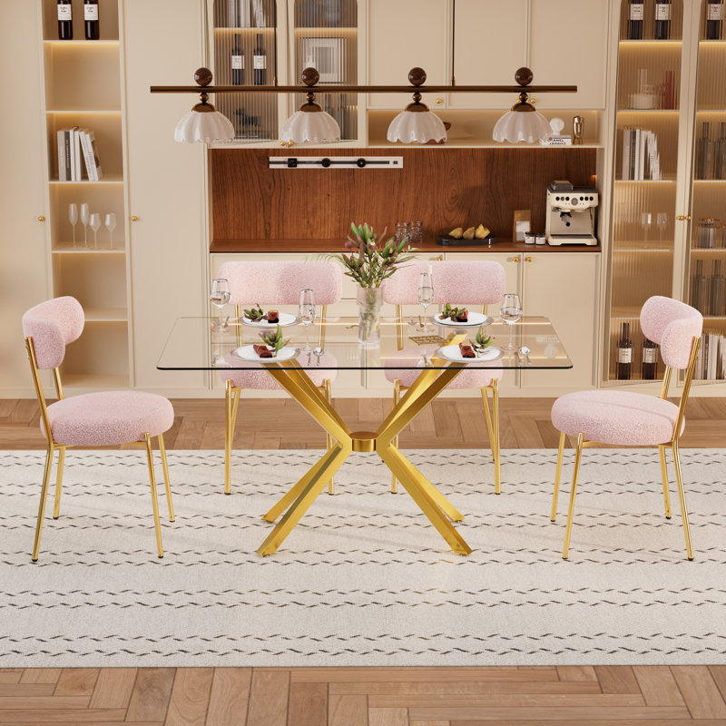 Ensemble de table de salle à manger en verre avec chaises en tissu Teddy, 1 table + 4 chaises, Doré, Rose