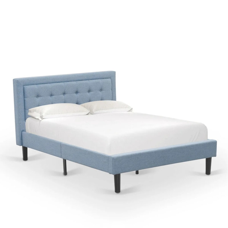 2-Pc Platform Full Size Bed Set with 1 Bed Frame and a Night Stand for Bedrooms - Reliable and Sturdy Construction - Denim Blue Linen Fabric