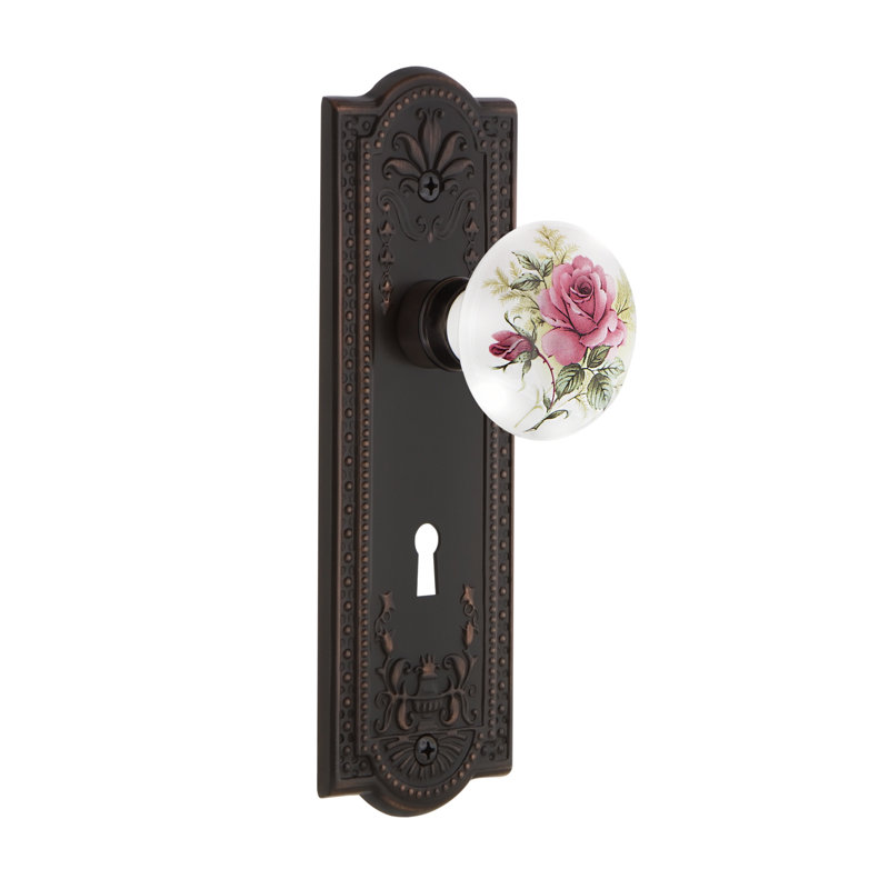 Meadows Plate with Decorative Keyhole and White Rose Porcelain Door Knob, Timeless Bronze