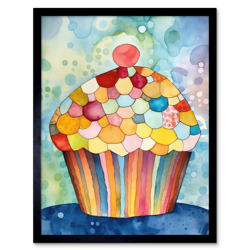 Rainbow Pattern Cupcake Folk Art Watercolour Painting Art Print Framed Poster Wall Decor 12x16 inch