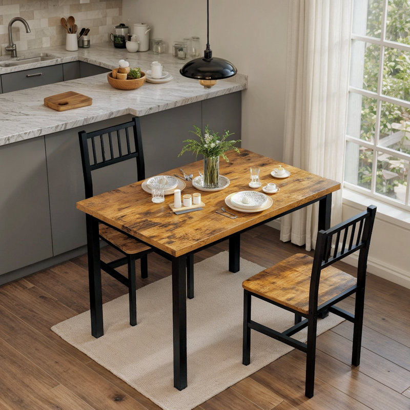 3 Piece Dining Table Set For 2, Small Industrial Kitchen Table With 2 Chairs, Wood Breakfast Nook Table And Chairs Set Of 2, Dinner Table Set For Small Spaces, Dining Room, Apartment