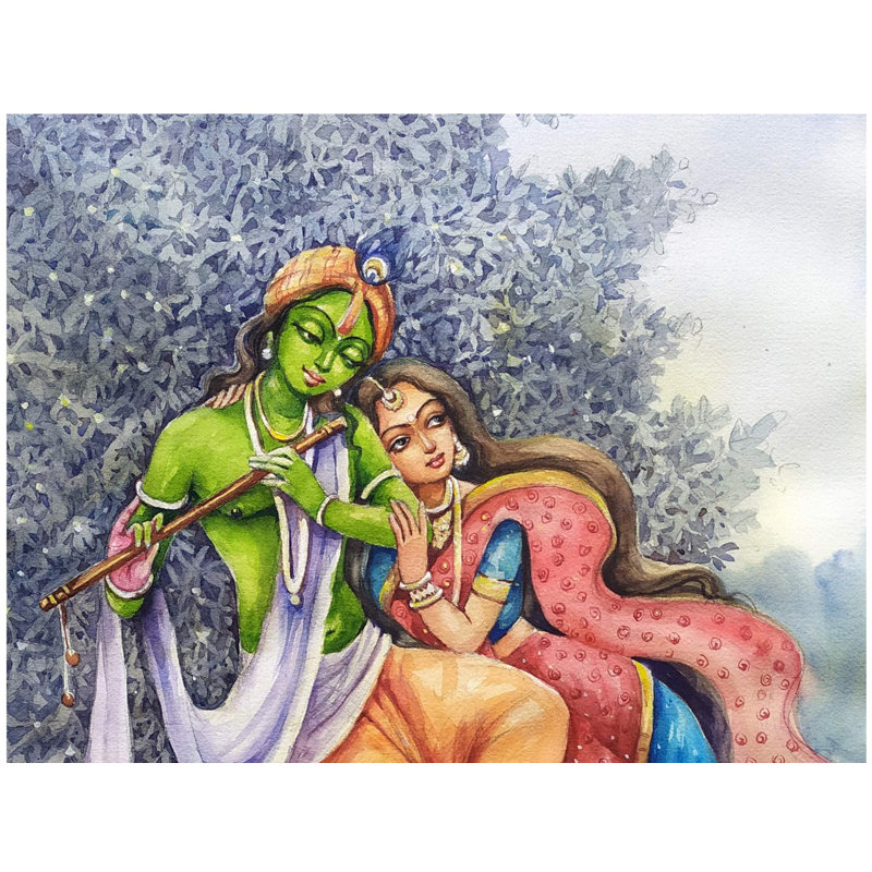 Radha allongée sur Krishna | Aquarelle sur papier | Par Sarat Shaw