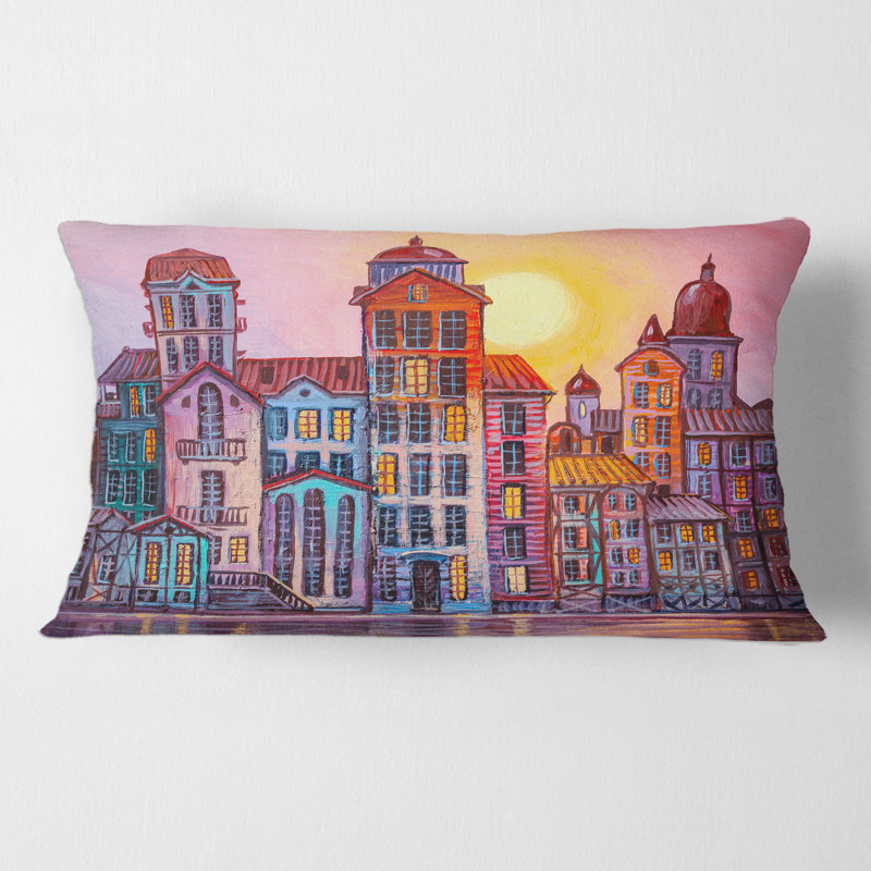 Rectangle, scène de rue dans la vieille ville avec des bâtiments colorés - Coussin décoratif imprimé moderne