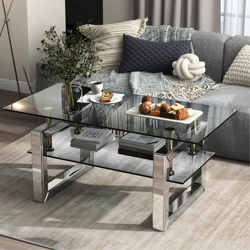 Bureau rectangulaire en verre trempé avec plateau pour clavier - fonctionnel pour les espaces de travail, table basse à 2 couches, base en métal et bureau personnel élégant