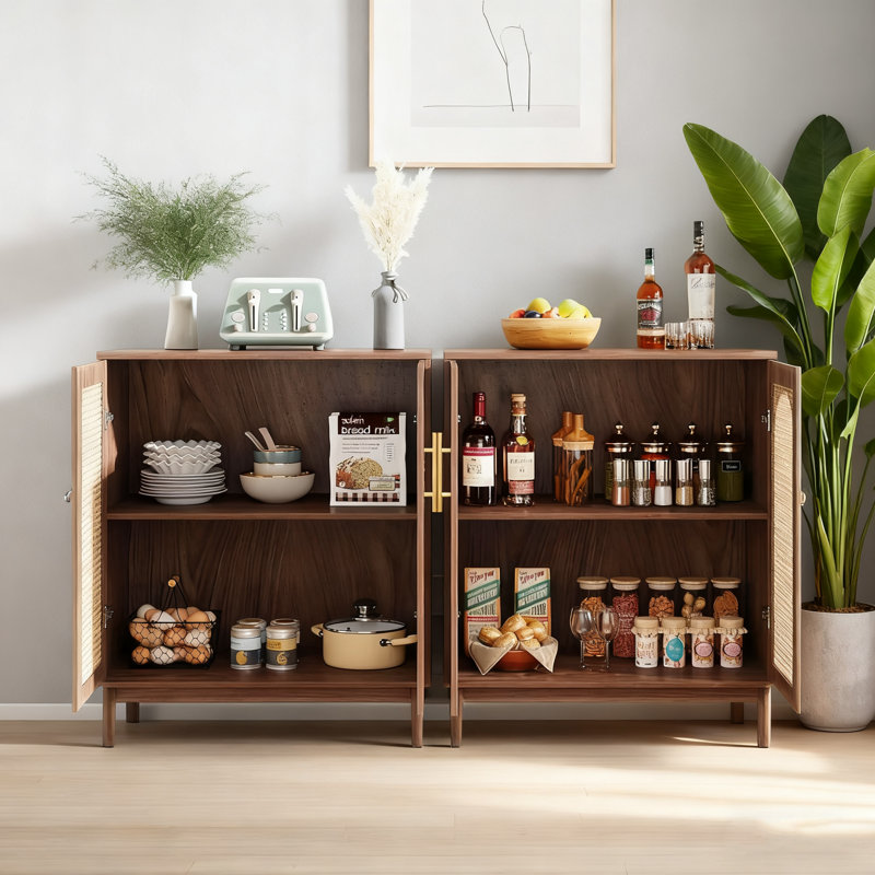 59"l Sideboard Buffet With Rattan Doors - 4-door Storage Cabinet For Kitchen/dining/living Room, Solid Wood Legs, 350lbs Capacity