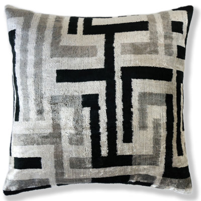 Oreiller en velours de labyrinthe géométrique noué à la main - 20 x 20 noir et argent