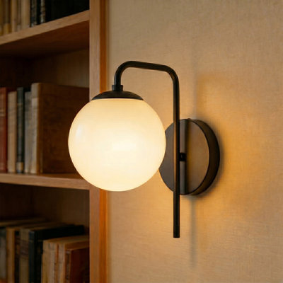 Set of 2 Milk Glass Globe Wall Sconces, Modern Black Vanity Wall Light with Curved Arm, Hardwired E26 Wall Lighting for Bathroom, Bedroom and Hallway
