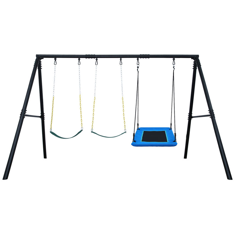 Heavy-Duty Black Metal Swing Set with Blue Platform and Belt Swings
