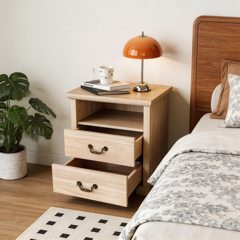 Rustic 22" W Bedside Table Nightstand With 2 Drawers, Open Shelf, Metal Handle Accent, Multi-Color Options, Beige