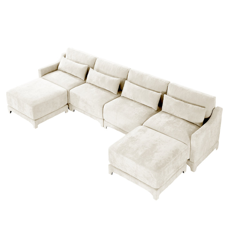 Jedidiah U-Shaped Chenille Sectional Sofa with 2 Ottomans & Lumbar Pillows, Beige Chenille, 32.6" H x 141.7" W x 61" D