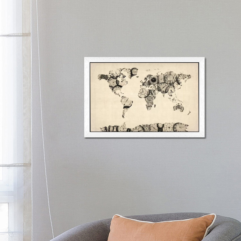 Map Of The World Map From Old Clocks by Michael Tompsett - Floater Frame Print on Canvas, 101.6 cm H x 66.04 cm W