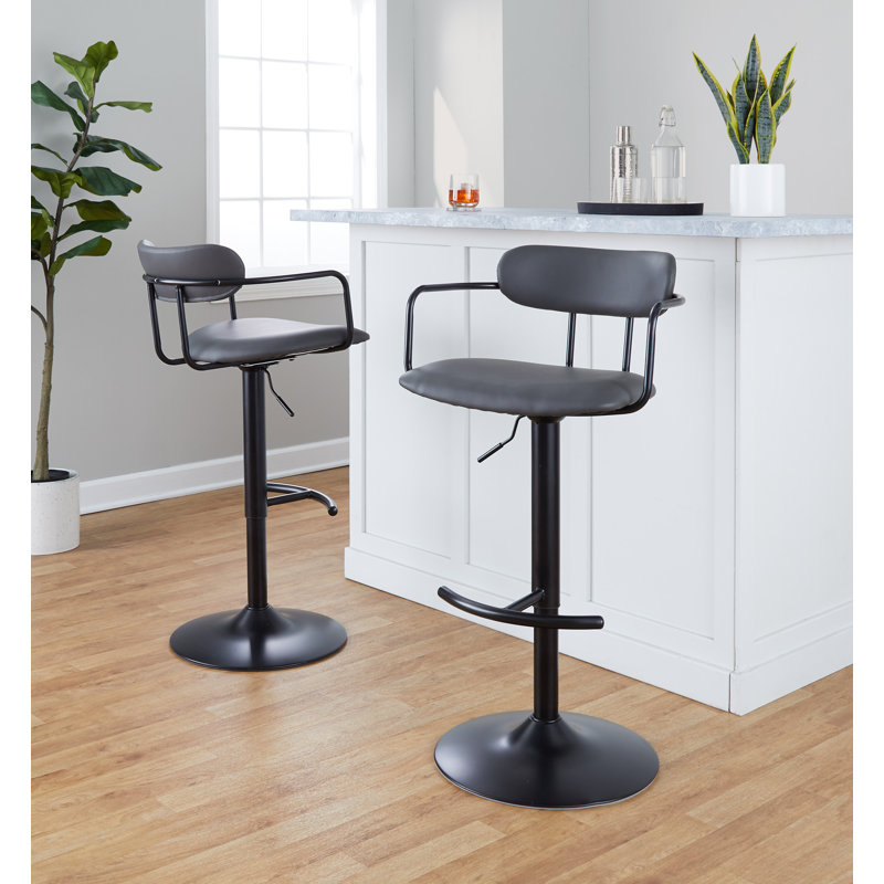  Erma Adjustable Height Faux Leather Bar Stool with Rounded T Footrest (Set of 2), Black, Gray