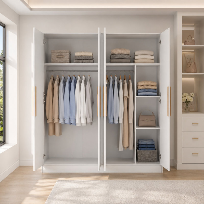 Armoire blanche 71 "à 4 portes avec tablettes et tringle