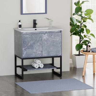 Ensemble de meuble-lavabo simple moderne 30 po avec lavabo, robinet, tablette ouverte et structure en métal 30 po